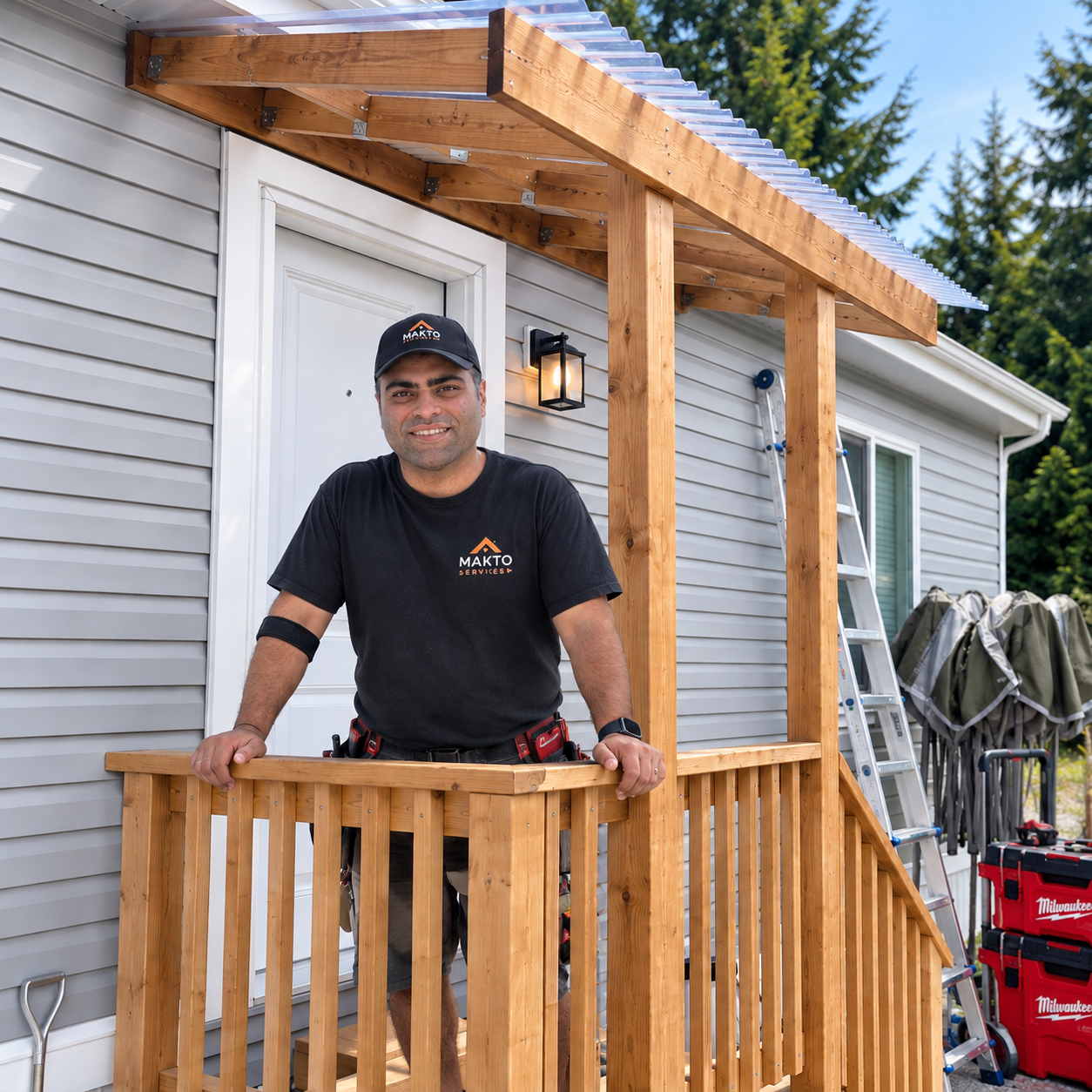 Hamid, founder of Makto Services, on a completed deck project